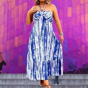 🆕Women’s plus-size Navy Blue & White Tie-Dye Halter Midi Sun Dress❤️❤️3X
